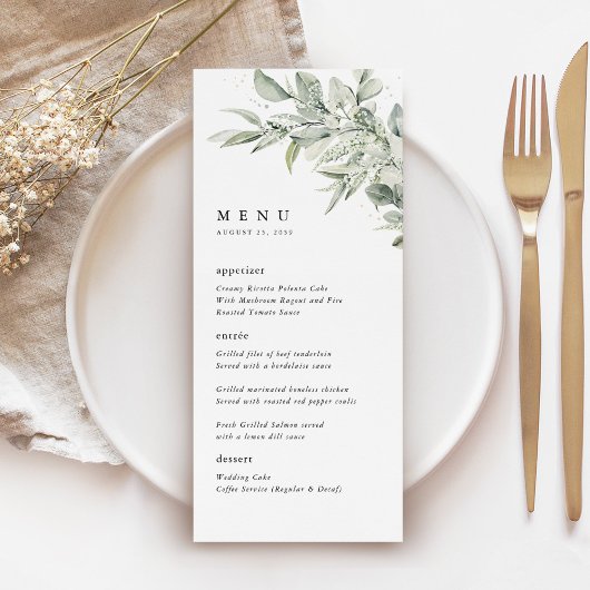 Menu Sage Green Botanical Watercolor Wedding Dinner