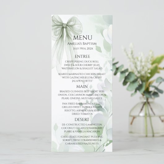 Menu Sage Green Bow Baptême (Debout devant)
