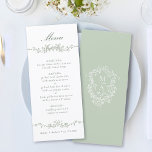Menu Sage Green Classic Floral Mariage frontière<br><div class="desc">Elégant menu mariage à la bordure verte sauge avec une crête fleurie et monogrammes sur le dos. Pour une personnalisation plus avancée de cette conception,  cliquez sur le BOUTON DESIGN TOOL ci-dessus !</div>