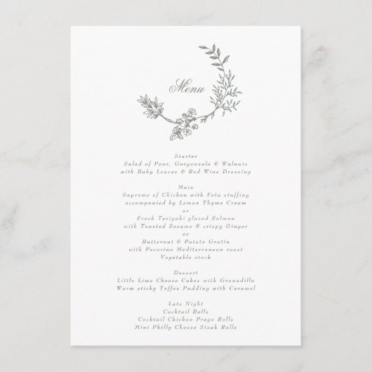 Menu Sage Green Classic Wreath Floral Monogramme Mariag (Devant)