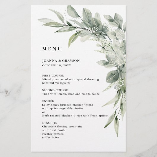 Menu Sage Green Eucalyptus Minimalist Weddenschap (Voorkant)