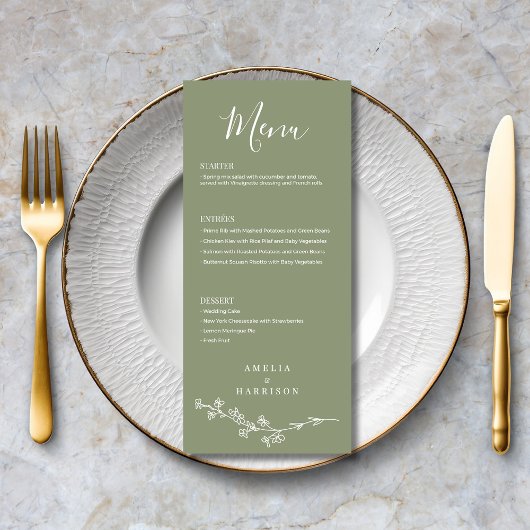 Menu Sage Green Floral Formal Élégant Mariage