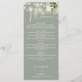 Menu Sage Green Floral String Lights Dîner Mariage (Devant)