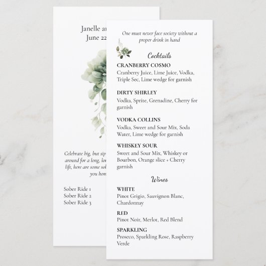 Menu Sage Green Floral Wedding Cocktail and Wine List | (Devant / Derrière)