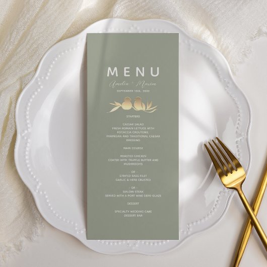 Menu Sage Green Gold Lovebirds Wedding