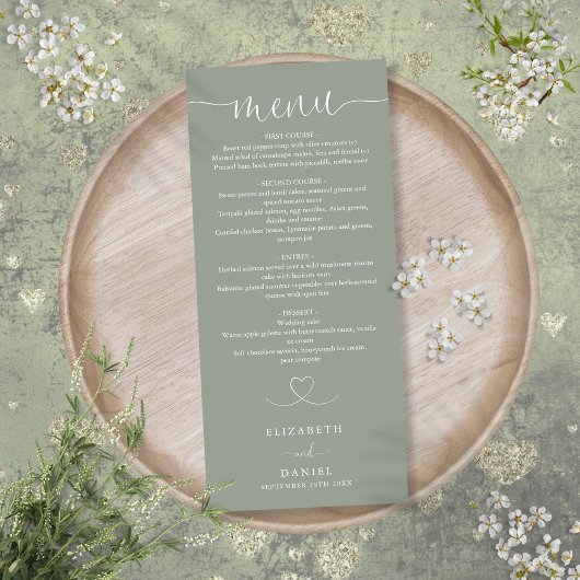 Menu Sage Green Heart Script Mariage Dîner