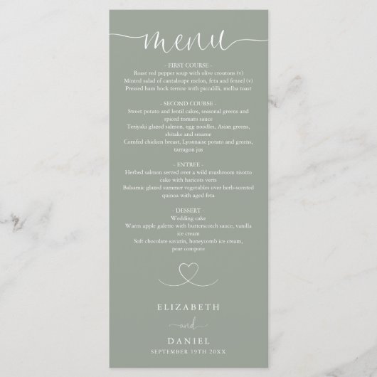 Menu Sage Green Heart Script Mariage Dîner (Devant)