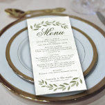 Menu Sage Green Laurel Feuille Rustic Elegance Mariage<br><div class="desc">Ce magnifique menu mariage présente un design rustique avec un arrière - plan marbré, un titre de calligraphie script et des sprigs de feuilles d'aquarelle vert sauge peints à la main sur le dessus et le bas. Le texte est entièrement personnalisable avec de l'espace pour le nom du couple et...</div>