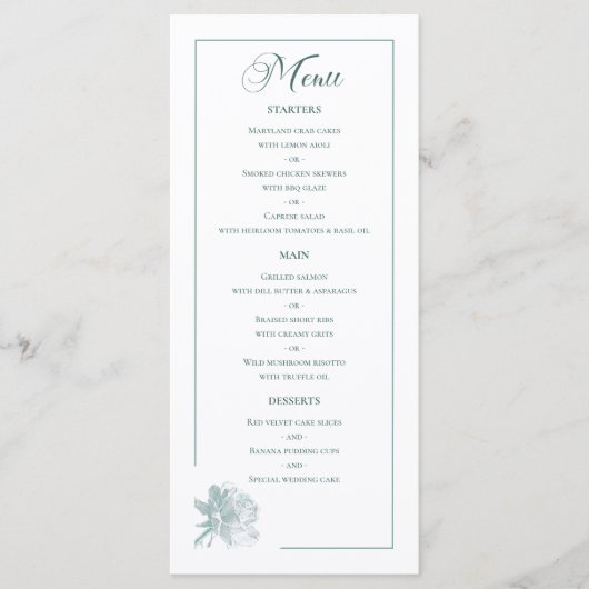 Menu Sage Green Line Art Rose Dinner Details Wedding (Devant)