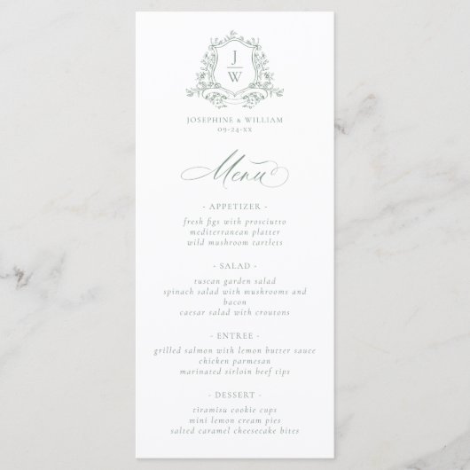 Menu Sage Green Monogramme Floral Crest Élégant Mariage (Devant)