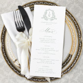 Menu Sage Green Monogramme Floral Crest Élégant Mariage