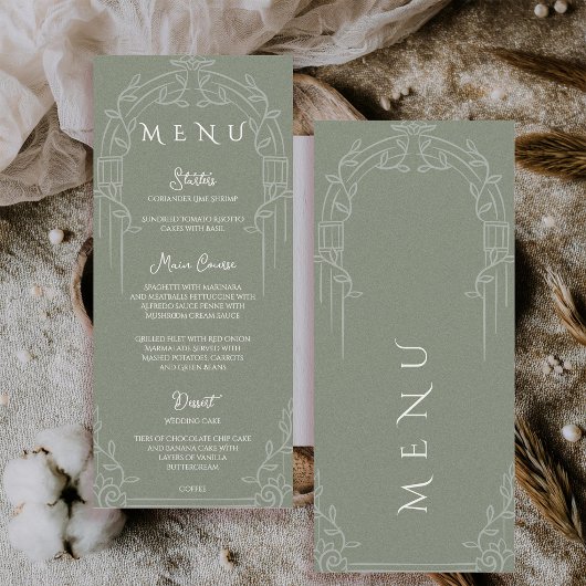 Menu Sage Green Ornate Arch Botanical Wedding Dinner 