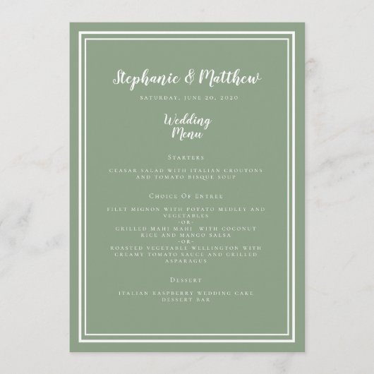 Menu Sage Green Rustique Mariage Simple Moderne Dîner (Devant)