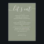 Menu Sage Green Wedding | Minimalist Script Modern<br><div class="desc">This wedding menu card features a clean, modern layout paired with a soft sage green background, creating a refined and inviting look for your reception tables. The combination of delicate script and structured typography adds a subtle contrast, making each section easy to read while still feeling elegant and cohesive. Perfect...</div>
