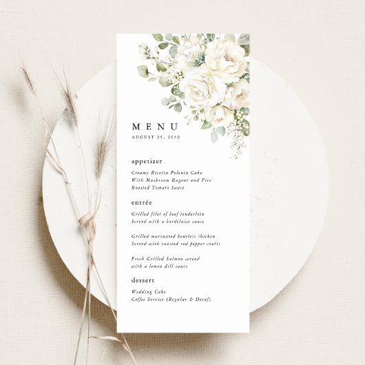 Menu Sage Green White Floral Watercolor Wedding Dinner