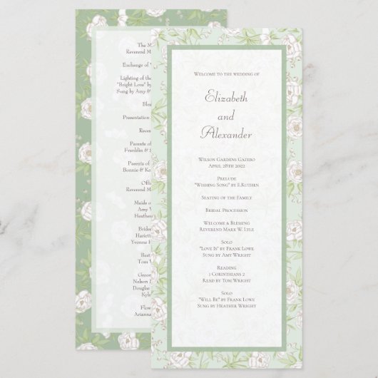 Menu Sage Green White Rose Wedding Programs (Devant / Derrière)