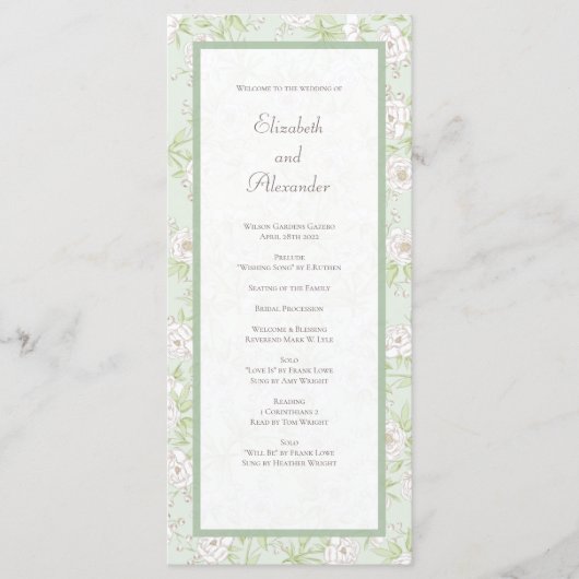 Menu Sage Green White Rose Wedding Programs (Devant)