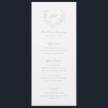 Menu Sage Green Wreath Monogramme Mariage élégant<br><div class="desc">Menu de mariage élégant avec un design propre et intemporel avec votre monogramme à l'intérieur d'une crête de couronne.</div>