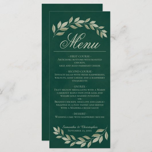 Menu Sage Laurel Feuille Rustic Emerald Green Mariage (Devant / Derrière)