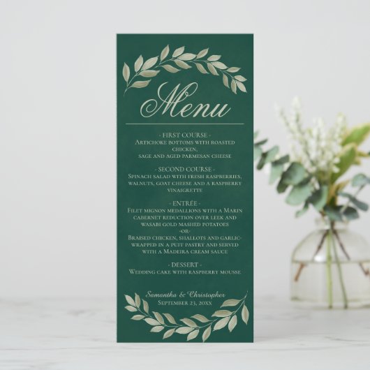 Menu Sage Laurel Feuille Rustic Emerald Green Mariage (Debout devant)