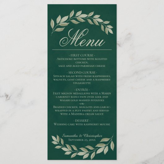 Menu Sage Laurel Feuille Rustic Emerald Green Mariage (Devant)
