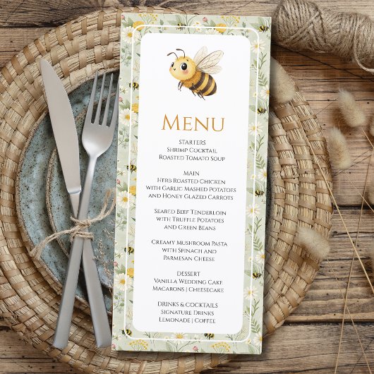 Menu Sage Vert Fête Bébé Fleur des Champs Abeille Perso