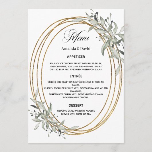 Menu Sage vert verdure or mariage dîner (Devant)