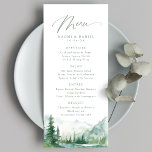 Menu Sage Watercolor Mountain Forest Rustic Wedding<br><div class="desc">Watercolor lush green pine forest, teal river, and misty mountain with sage modern script, elegant and romantic, great personalized menu cards for boho rustic wedding and mountain forest destination wedding in spring and summer.</div>