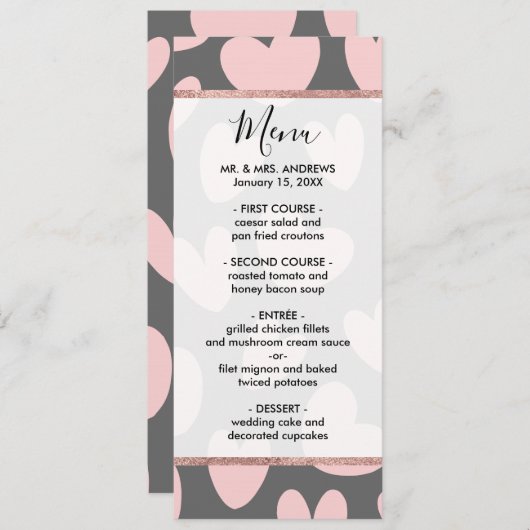 Menu Saint-Valentin Coeurs romantiques gris rose (Devant / Derrière)