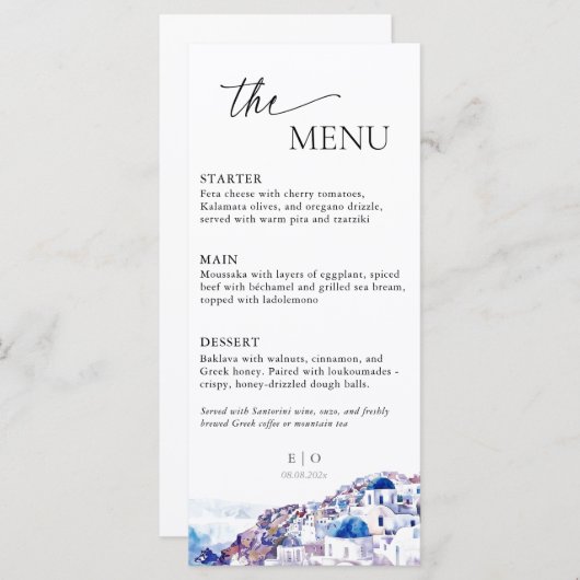 Menu Santorin Grèce Mariage Destination été (Devant / Derrière)