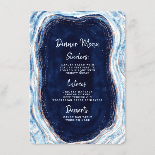 Menu Sapphire Blue Rose Gold Geode Agate Marbre Dîner (Devant)
