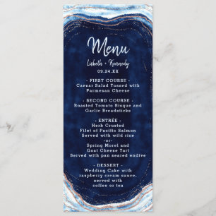 Menu Sapphire Blue Rose Gold Geode Agate Marbre Dîner