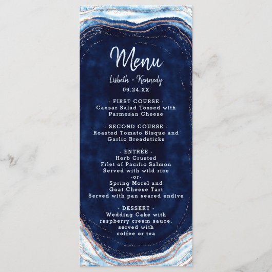 Menu Sapphire Blue Rose Gold Geode Agate Marbre Dîner (Devant)