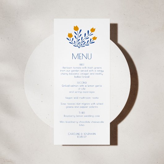 Menu Scandi Fleurs folkloriques Bleu Jaune Mariage pers