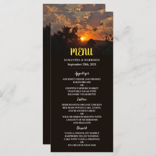 Menu Scène de coucher de soleil vespéral, mariage rusti (Devant / Derrière)