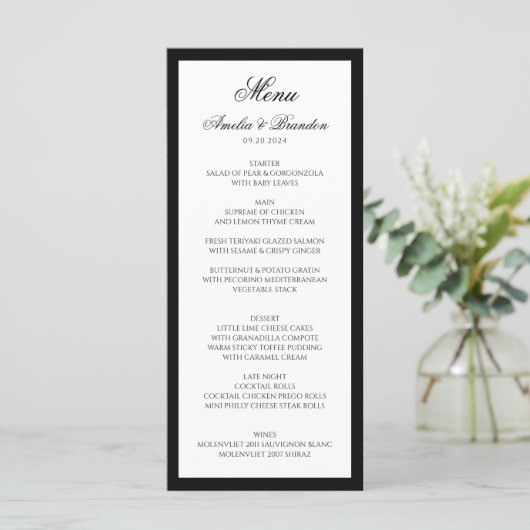 Menu Script classique formel Mariage noir et blanc (Debout devant)