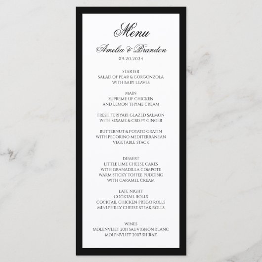 Menu Script classique formel Mariage noir et blanc (Devant)