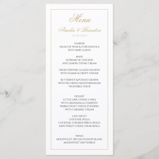 Menu Script classique formel Mariage noir et or (Devant)