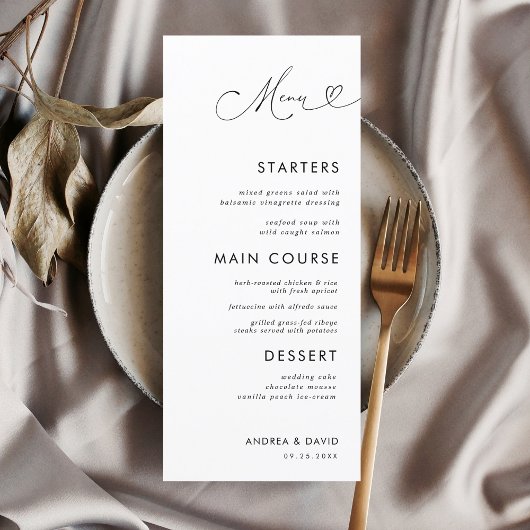 Menu Script Coeur chic minimaliste Élégant Mariage blan