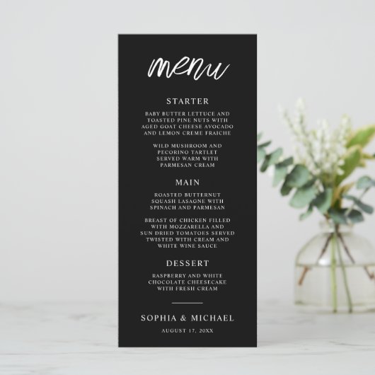 Menu Script contemporain élégant Mariage noir blanc (Debout devant)