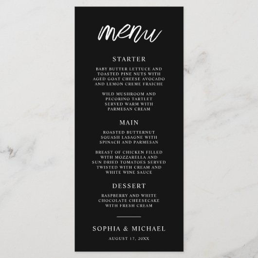Menu Script contemporain élégant Mariage noir blanc (Devant)