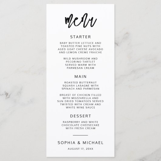 Menu Script contemporain moderne Mariage noir blanc (Devant)