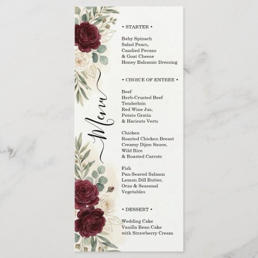 Menu Script de dîner de mariage aux roses de Bourgogne  (Devant)