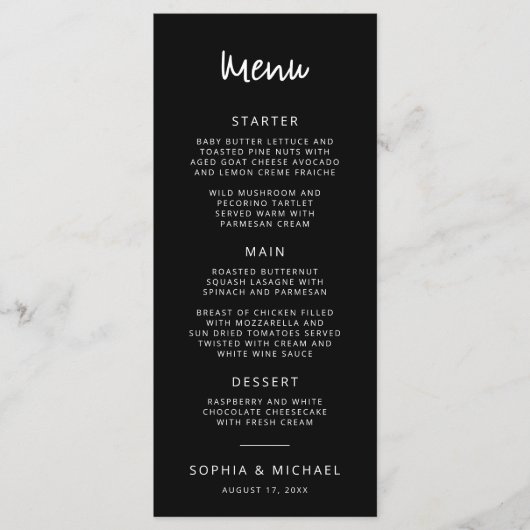 Menu Script de lettres main moderne Mariage noir blanc (Devant)
