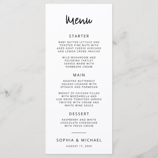 Menu Script de lettres main moderne Mariage noir blanc (Devant)