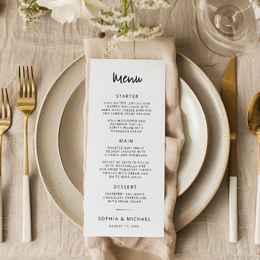 Menu Script de lettres main moderne Mariage noir blanc