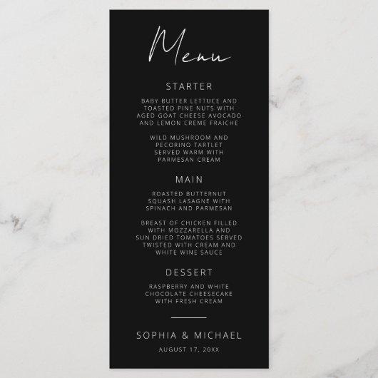 Menu Script de signature moderne Mariage noir blanc (Devant)