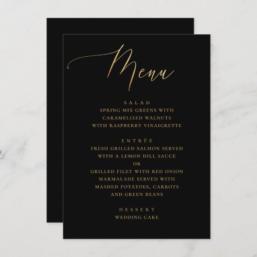 Menu Script élégant | Mariage classique noir et or (Devant / Derrière)