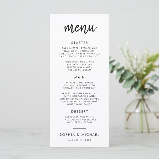 Menu Script Gras Moderne Mariage noir et blanc (Debout devant)