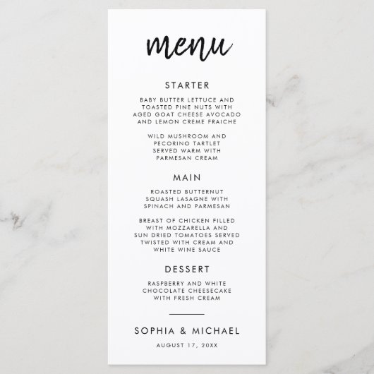 Menu Script Gras Moderne Mariage noir et blanc (Devant)